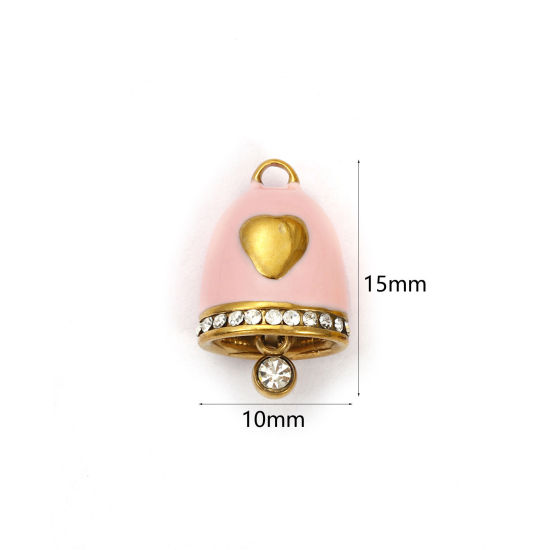 Immagine di 1 Pz Placcatura Sottovuoto 304 Acciaio Inossidabile Natale Ciondoli Placcato Oro 18K Rosa Smalto Campana Cuore Micro Spianare Trasparente Strass 15mm x 10mm