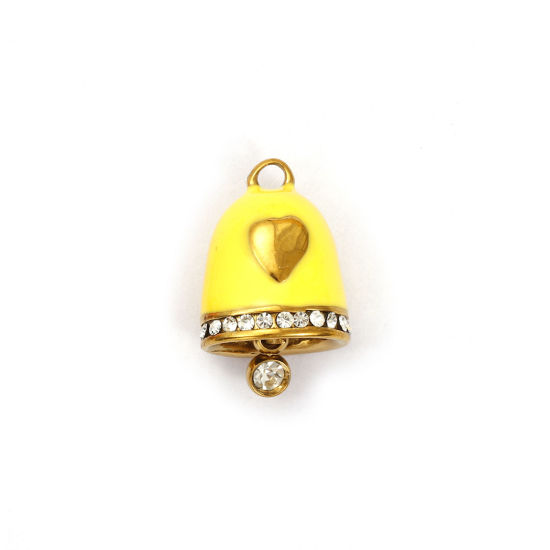 Immagine di 1 Pz Placcatura Sottovuoto 304 Acciaio Inossidabile Natale Ciondoli Placcato Oro 18K Giallo Smalto Campana Cuore Micro Spianare Trasparente Strass 15mm x 10mm
