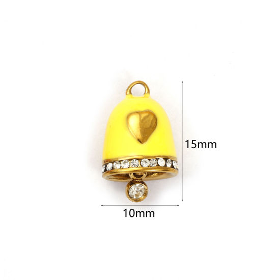 Immagine di 1 Pz Placcatura Sottovuoto 304 Acciaio Inossidabile Natale Ciondoli Placcato Oro 18K Giallo Smalto Campana Cuore Micro Spianare Trasparente Strass 15mm x 10mm