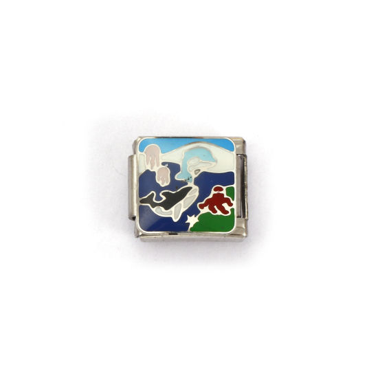Immagine di 2 Pz 304 Acciaio Inossidabile Gioielli Oceanici Bracciale con Charm Italiano a Maglie, Creazione di Gioielli Fai-da-te Tono Argento Multicolore Rettangolo Delfino 10mm x 9mm