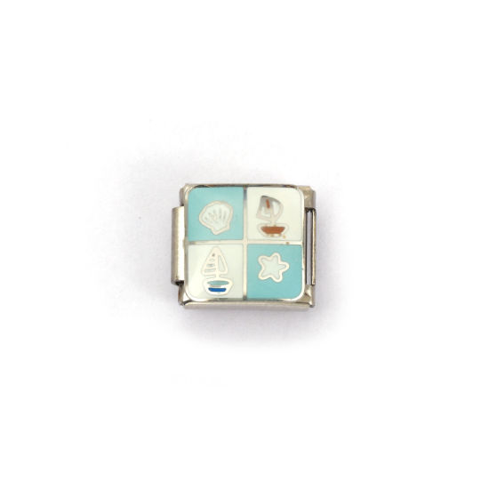 Immagine di 2 Pz 304 Acciaio Inossidabile Gioielli Oceanici Bracciale con Charm Italiano a Maglie, Creazione di Gioielli Fai-da-te Tono Argento Multicolore Rettangolo Barca a Vela 10mm x 9mm