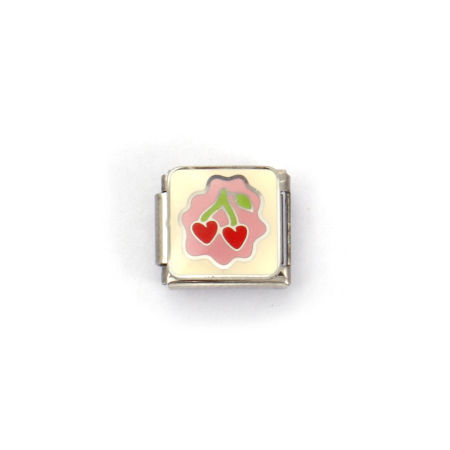 Picture of 2 PCs 304 Stainless Steel Valentine's Day Italian Charm Links For DIY Bracelet Jewelry Making Silver Tone Multicolor Rectangle Cherry Fruit 10mm x 9mm