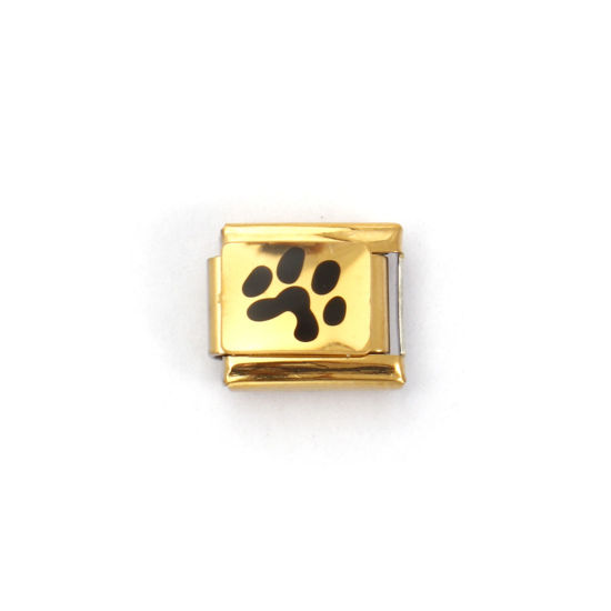 Immagine di 2 Pz 304 Acciaio Inossidabile Memoriale dell'animale Bracciale con Charm Italiano a Maglie, Creazione di Gioielli Fai-da-te Placcato Oro 18K Nero Rettangolo Orma di Zampa 10mm x 9mm