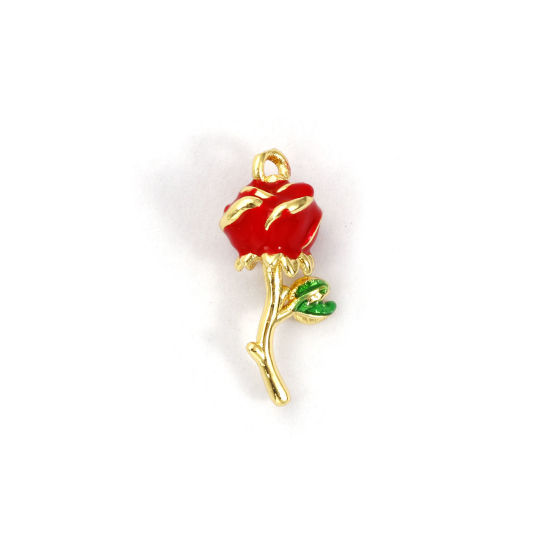 Picture of 1 Piece Brass Charms 18K Gold Plated Red Enamel Rose Flower 3D 18mm x 8mm
