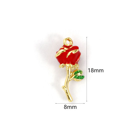 Picture of 1 Piece Brass Charms 18K Gold Plated Red Enamel Rose Flower 3D 18mm x 8mm