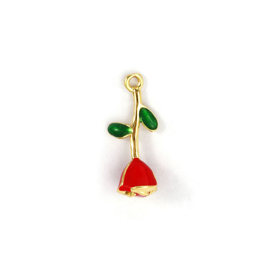 Picture of 1 Piece Brass Charms 18K Gold Plated Red Enamel Rose Flower 3D 20mm x 8mm
