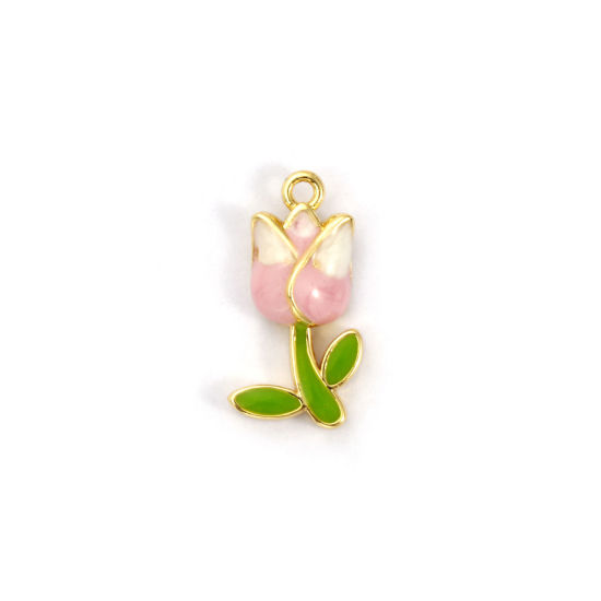 Picture of 1 Piece Brass Charms 18K Gold Plated Pink Enamel Tulip Flower 18mm x 9mm