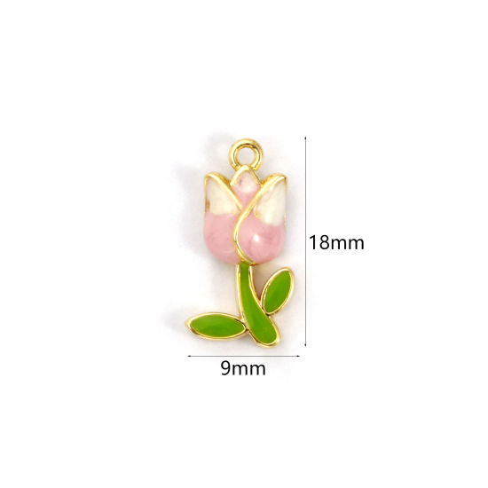 Picture of 1 Piece Brass Charms 18K Gold Plated Pink Enamel Tulip Flower 18mm x 9mm