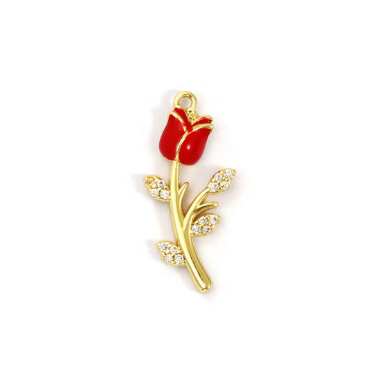 Picture of 1 Piece Brass Charms 18K Gold Plated Red Enamel Tulip Flower Micro Pave Clear Cubic Zirconia 26mm x 12mm
