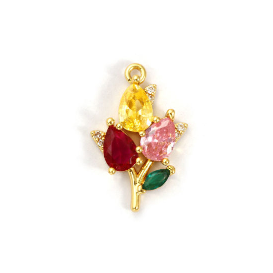 Picture of 1 Piece Brass Charms 18K Gold Plated Flower Multicolour Cubic Zirconia 22mm x 14mm