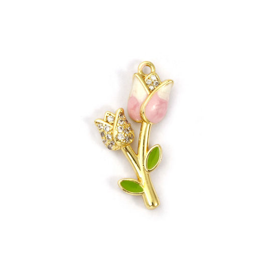 Picture of 1 Piece Brass Charms 18K Gold Plated Pink Enamel Tulip Flower Micro Pave Clear Cubic Zirconia 26mm x 13mm