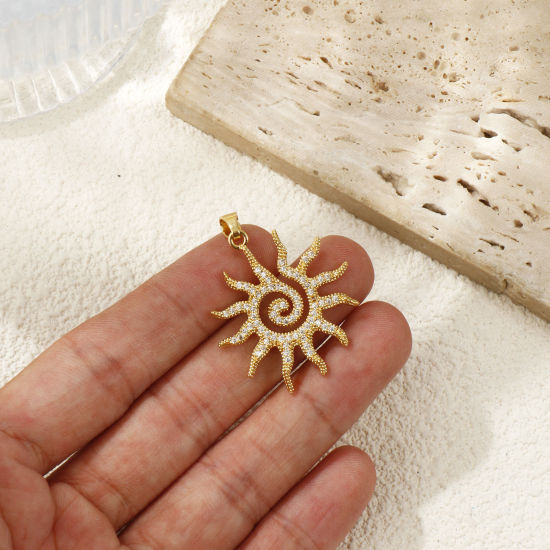 Immagine di 2 Pz Ottone Galassia Ciondoli Pendenti Placcato Oro 18K Sole Micro Spianare Trasparente Cubic Zirconiae 3.6cm x 2.8cm