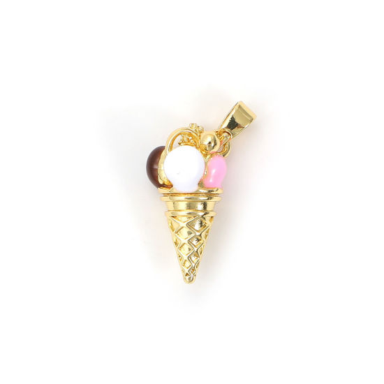 Изображение 2 PCs Eco-friendly Brass Charm Pendant 18K Real Gold Plated Pink Enamel Ice Cream 3D Clear Cubic Zirconia 21mm x 10mm