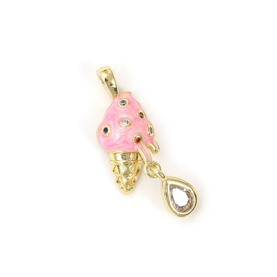 Изображение 2 PCs Eco-friendly Brass Charms 18K Real Gold Plated Pink Enamel Ice Cream Pearlized Multicolour Cubic Zirconia 29mm x 9mm