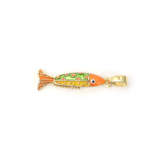Immagine di 2 PCs Eco-friendly Brass Ocean Jewelry Charm Pendant 18K Real Gold Plated Multicolor Enamel Fish Animal 27mm x 6.5mm