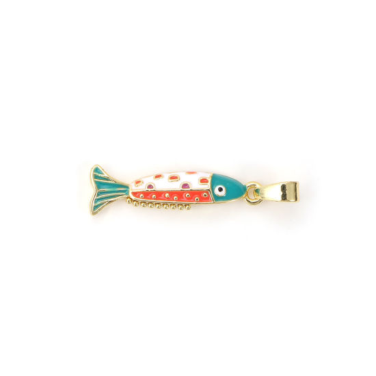 Immagine di 2 PCs Eco-friendly Brass Ocean Jewelry Charm Pendant 18K Real Gold Plated Multicolor Enamel Fish Animal 27mm x 6.5mm