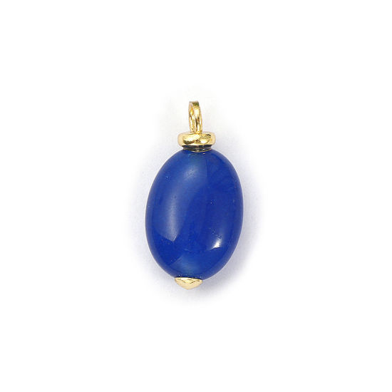 Picture of 2 PCs Eco-friendly Brass & Gemstone Charms 18K Real Gold Plated Dark Blue Oval 20mm x 10mm
