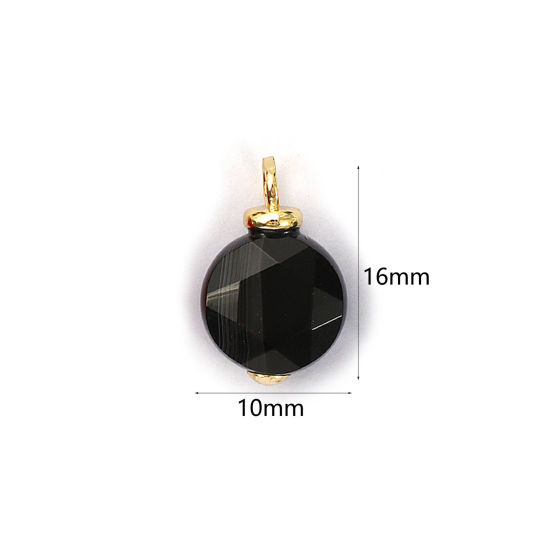 Picture of 2 PCs Eco-friendly Brass & Obsidian Charms 18K Real Gold Plated Black Round Faceted 16mm x 10mm