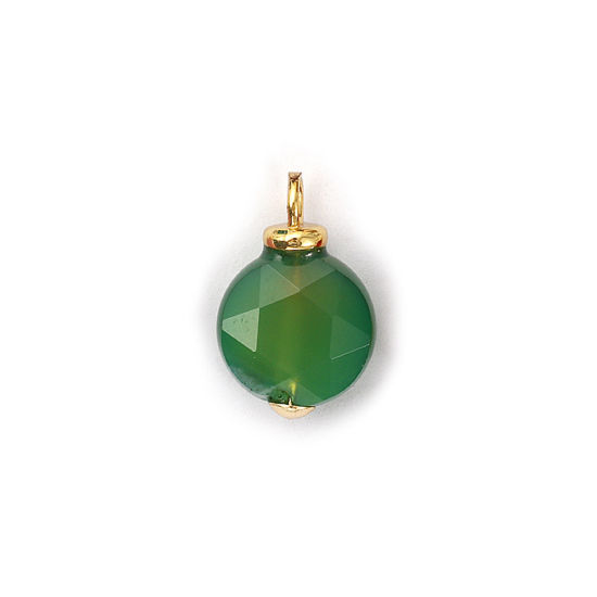 Picture of 2 PCs Eco-friendly Brass & Agate Charms 18K Real Gold Plated Green Round Faceted 16mm x 10mm