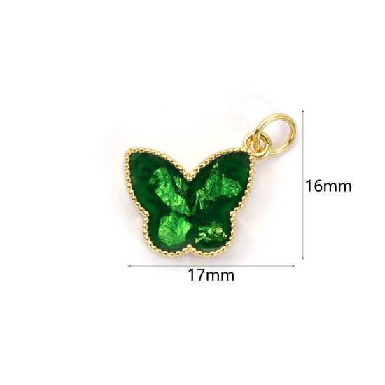 Изображение 1 Piece Eco-friendly Brass Charms 18K Real Gold Plated Green Enamel Butterfly Animal Foil 17mm x 16mm