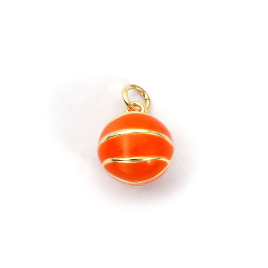 Bild von 2 PCs Eco-friendly Brass Sport Charms 18K Real Gold Plated Orange Enamel Basketball 3D 16mm x 11mm