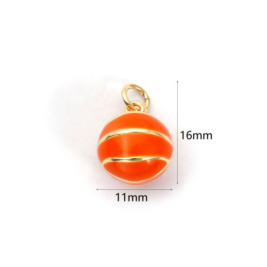 Bild von 2 PCs Eco-friendly Brass Sport Charms 18K Real Gold Plated Orange Enamel Basketball 3D 16mm x 11mm
