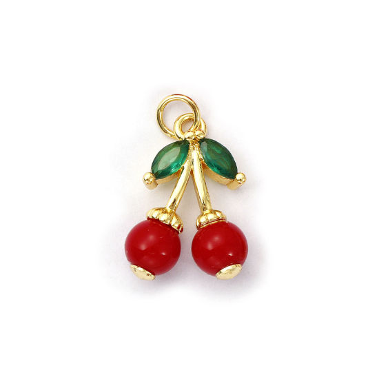 Bild von 1 Piece Eco-friendly Brass & Acrylic Charms 18K Real Gold Plated Red Cherry Fruit 3D Green Cubic Zirconia 22mm x 13mm
