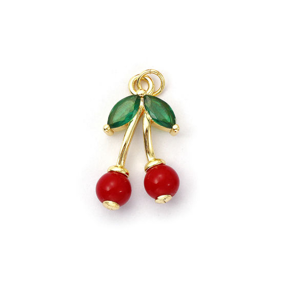 Bild von 1 Piece Eco-friendly Brass & Acrylic Charms 18K Real Gold Plated Red Cherry Fruit 3D Green Cubic Zirconia 26mm x 14mm