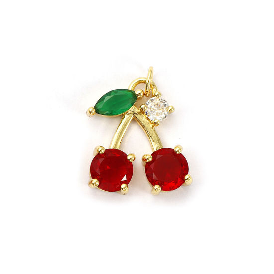 Bild von 1 Piece Eco-friendly Brass Charms 18K Real Gold Plated Cherry Fruit Red & Green Cubic Zirconia 23mm x 17mm
