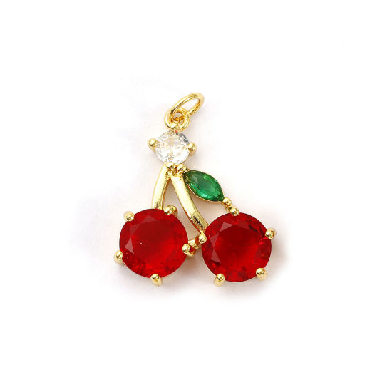 Bild von 1 Piece Eco-friendly Brass Charms 18K Real Gold Plated Cherry Fruit Red & Green Cubic Zirconia 24mm x 18mm