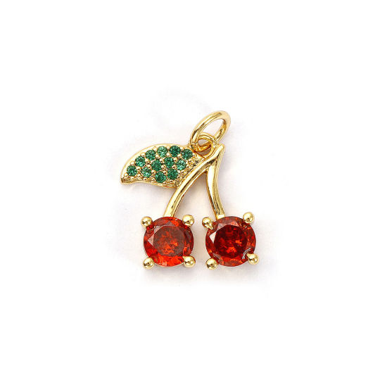 Bild von 1 Piece Eco-friendly Brass Charms 18K Real Gold Plated Cherry Fruit Micro Pave Orange-red Cubic Zirconia 17mm x 13mm