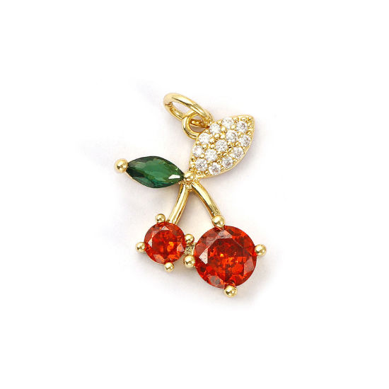 Bild von 1 Piece Eco-friendly Brass Charms 18K Real Gold Plated Cherry Fruit Micro Pave Red Cubic Zirconia 21mm x 15mm
