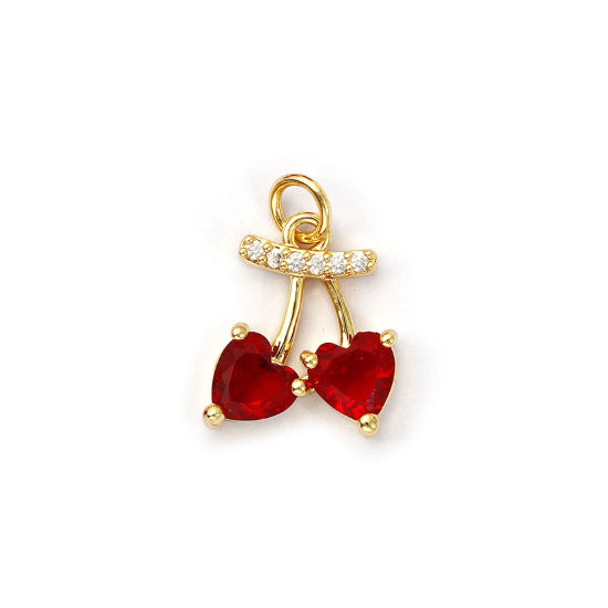 Bild von 1 Piece Eco-friendly Brass Charms 18K Real Gold Plated Cherry Fruit Micro Pave Red Cubic Zirconia 19mm x 12mm