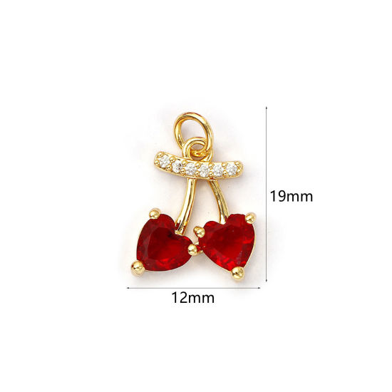 Bild von 1 Piece Eco-friendly Brass Charms 18K Real Gold Plated Cherry Fruit Micro Pave Red Cubic Zirconia 19mm x 12mm