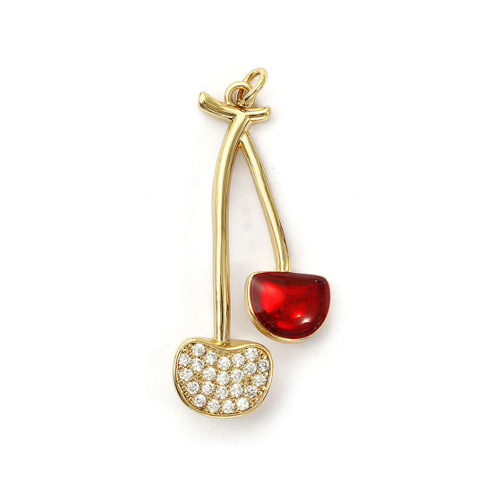 Bild von 1 Piece Eco-friendly Brass Pendants 18K Real Gold Plated Red Enamel Cherry Fruit Micro Pave Clear Cubic Zirconia 4.2cm x 1.7cm