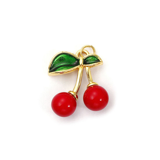 Bild von 1 Piece Eco-friendly Brass & Acrylic Charms 18K Real Gold Plated Green Enamel Cherry Fruit 3D 24mm x 18mm