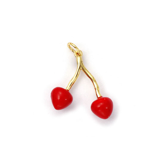 Bild von 1 Piece Eco-friendly Brass Charms 18K Real Gold Plated Red Enamel Cherry Fruit 3D 22mm x 19mm