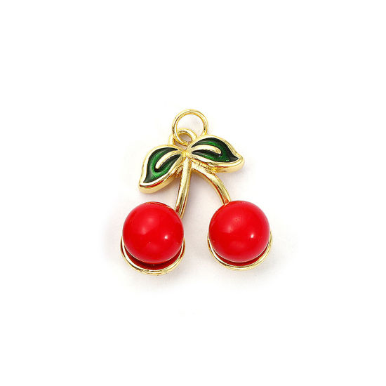 Bild von 1 Piece Eco-friendly Brass & Acrylic Charms 18K Real Gold Plated Green Enamel Cherry Fruit 3D 23mm x 20mm
