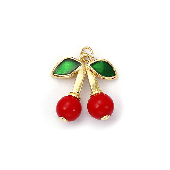 Bild von 1 Piece Eco-friendly Brass & Acrylic Charms 18K Real Gold Plated Green Enamel Cherry Fruit 3D 25mm x 21mm