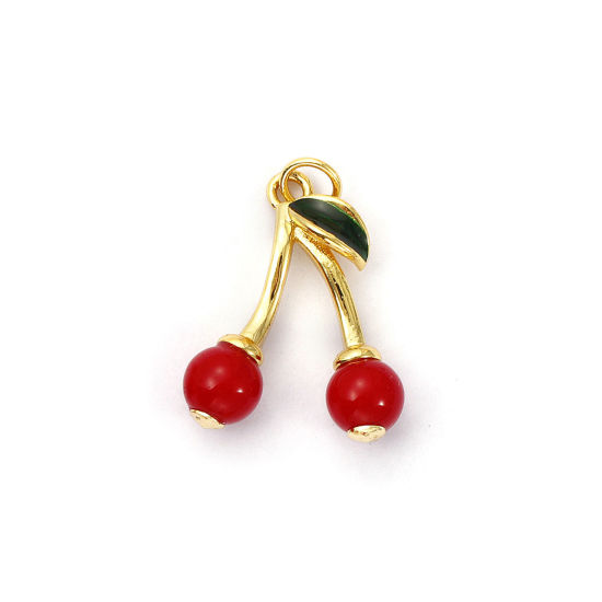 Bild von 1 Piece Eco-friendly Brass & Acrylic Charms 18K Real Gold Plated Green Enamel Cherry Fruit 3D 25mm x 17mm