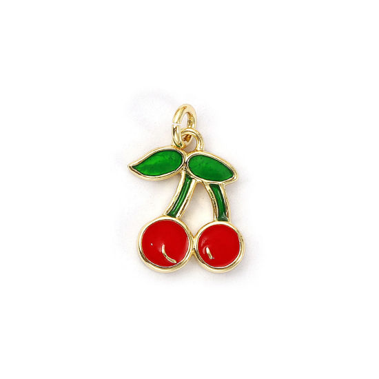 Bild von 1 Piece Eco-friendly Brass Charms 18K Real Gold Plated Red & Green Enamel Cherry Fruit 15mm x 10mm