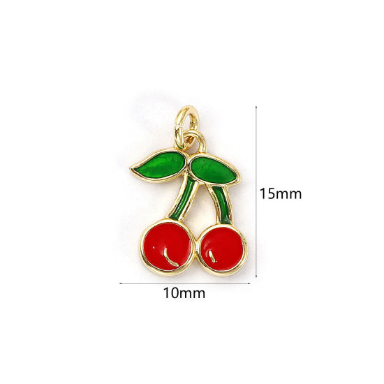 Bild von 1 Piece Eco-friendly Brass Charms 18K Real Gold Plated Red & Green Enamel Cherry Fruit 15mm x 10mm