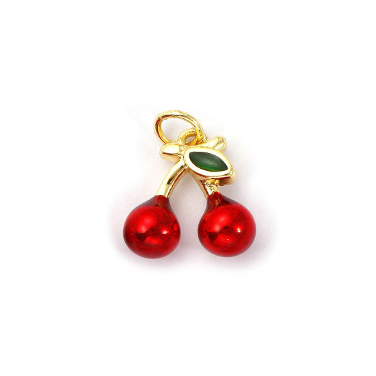 Bild von 1 Piece Eco-friendly Brass Charms 18K Real Gold Plated Red & Green Enamel Cherry Fruit 3D 16mm x 13mm