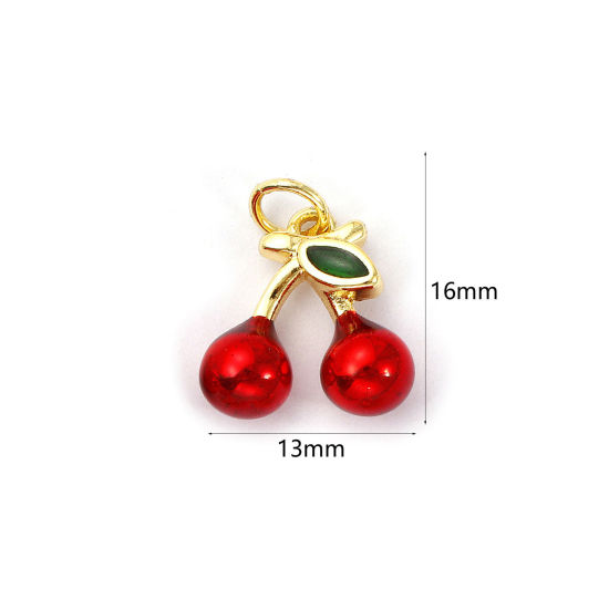 Bild von 1 Piece Eco-friendly Brass Charms 18K Real Gold Plated Red & Green Enamel Cherry Fruit 3D 16mm x 13mm