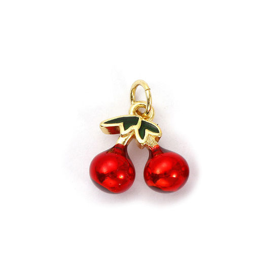 Bild von 1 Piece Eco-friendly Brass Charms 18K Real Gold Plated Red & Green Enamel Cherry Fruit 3D 16mm x 13mm