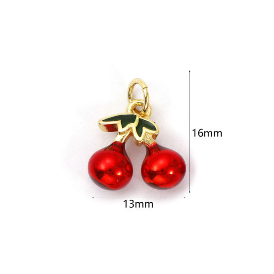 Bild von 1 Piece Eco-friendly Brass Charms 18K Real Gold Plated Red & Green Enamel Cherry Fruit 3D 16mm x 13mm