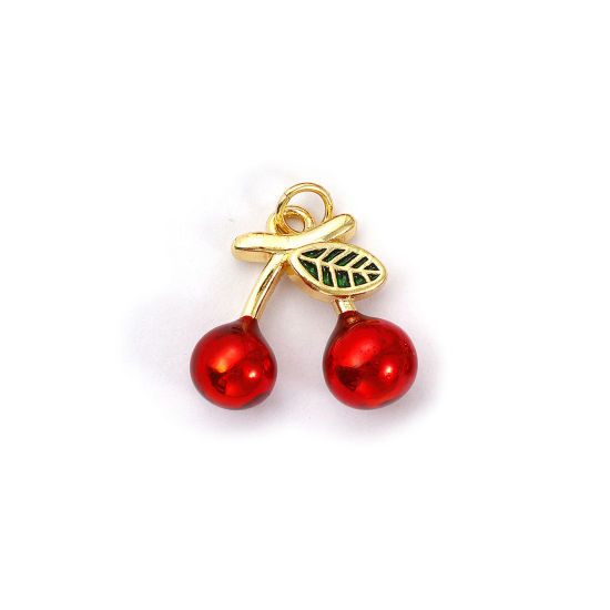 Bild von 1 Piece Eco-friendly Brass Charms 18K Real Gold Plated Red & Green Enamel Cherry Fruit 3D 20mm x 18mm