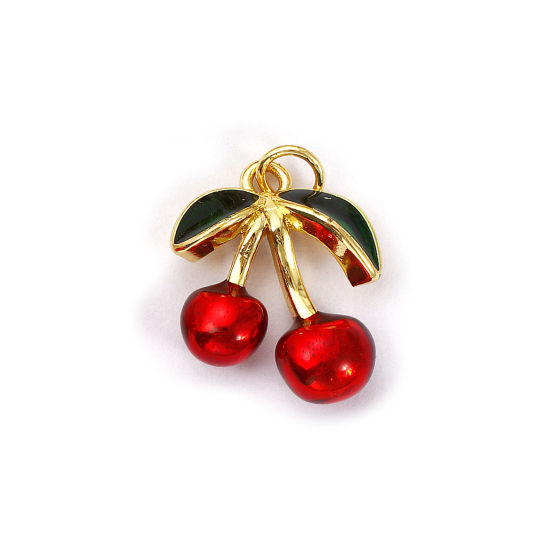 Bild von 1 Piece Eco-friendly Brass Charms 18K Real Gold Plated Red & Green Enamel Cherry Fruit 3D 22mm x 15mm