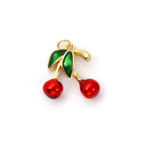 Bild von 1 Piece Eco-friendly Brass Charms 18K Real Gold Plated Red & Green Enamel Cherry Fruit 3D 23mm x 19mm