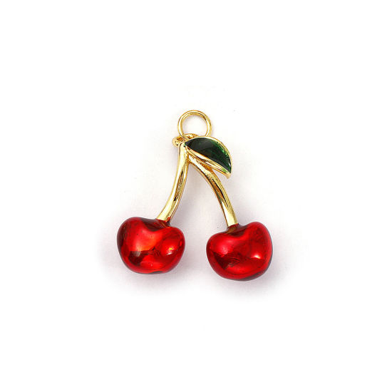 Bild von 1 Piece Eco-friendly Brass Charms 18K Real Gold Plated Red & Green Enamel Cherry Fruit 3D 24mm x 22mm